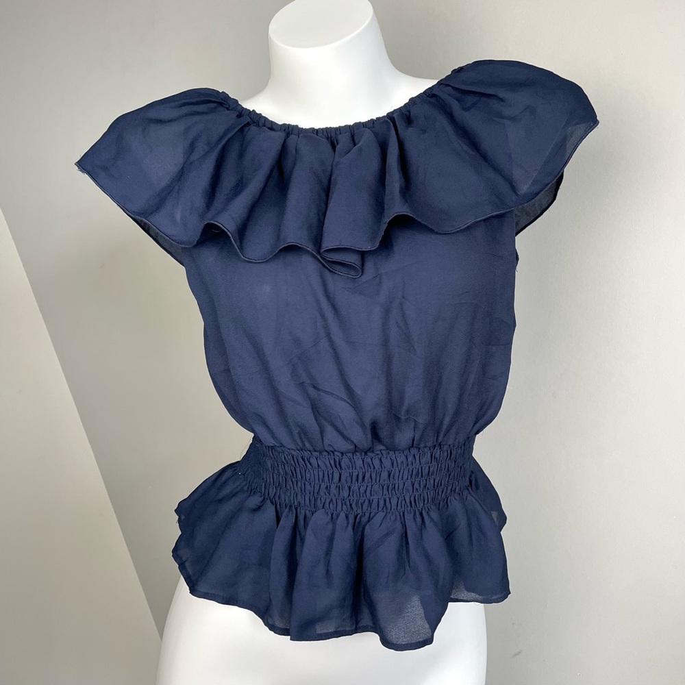 Navy Ruffles Shirred Blouse